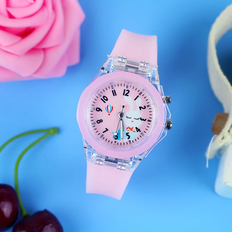 

New Cartoon Rabbit Flash Light Children Watches for Girls Silicone Strap Cute Horse Dinosaur Boys Kids Watches with Light Clock