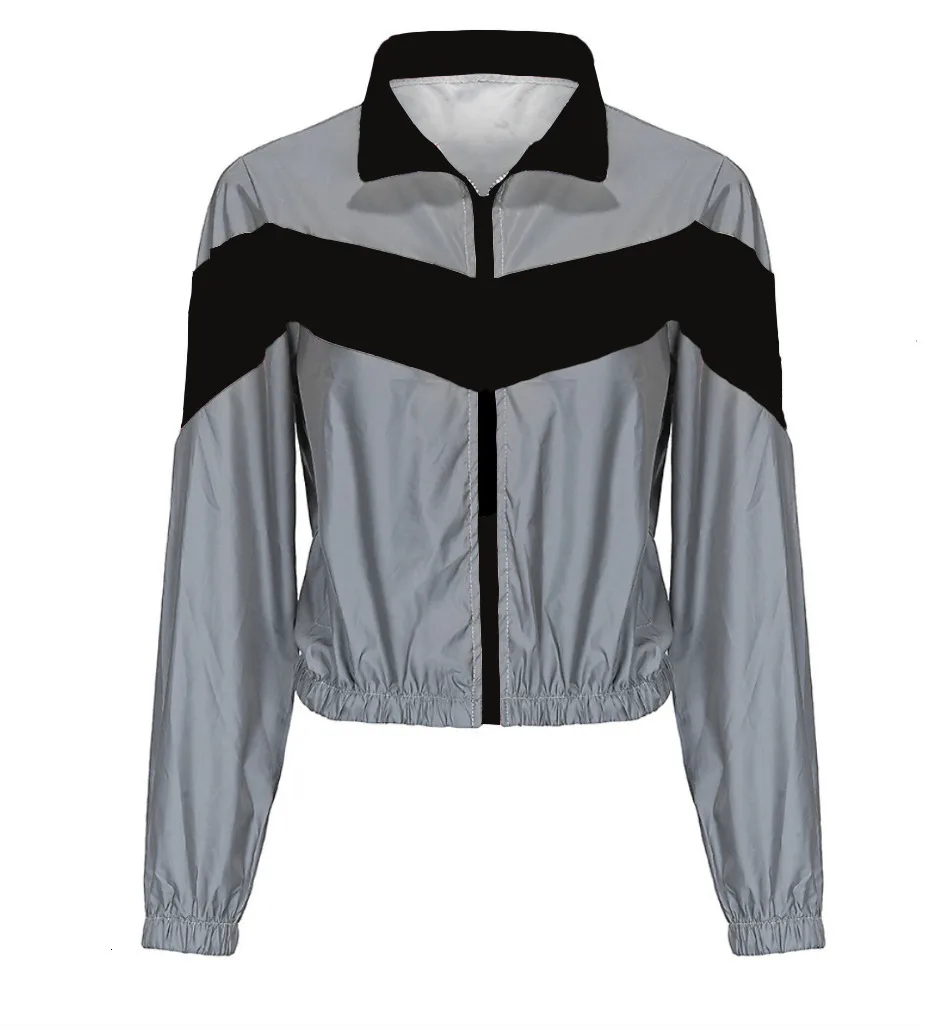 black jacket Женский спортивный костюм, комплект из 2 предметов, светоотражающий укороченный топ на молнии, штаны, ветровка, модная женская Свободная светящаяся куртка, пальто, брюки размера плюс - Цвет: black jacket