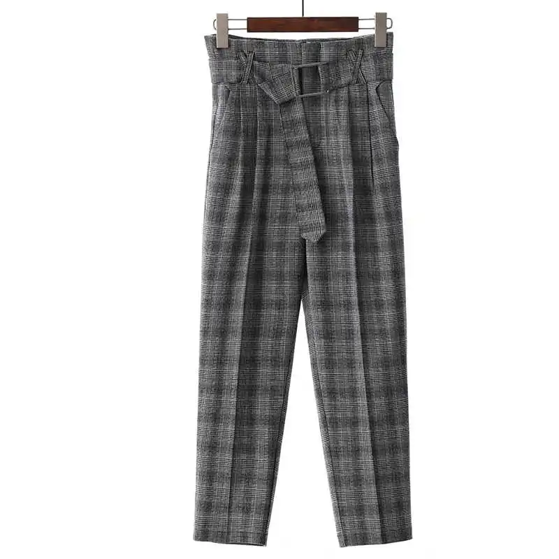 

ICCLEK JXMYY Vintage Plaid Pants for Women Sashes Pencil Pant High Waist Retro Work Trousers Female Casual Bottoms 2020 high