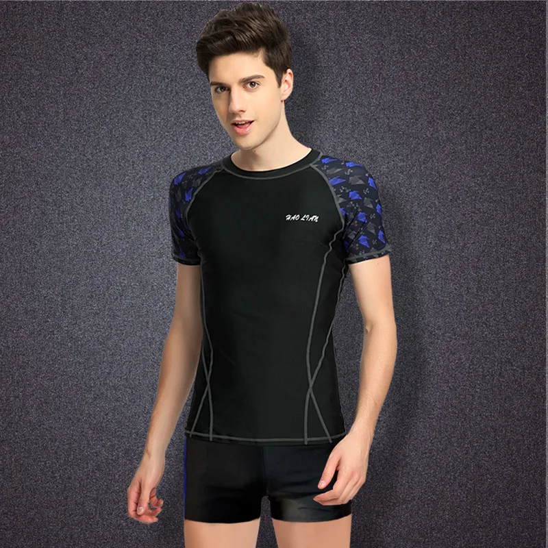 New Men's Swimwear Suit Short-sleeved Shirt Boxer Swim Trunks Loose XL Split Swimwear Quick-drying - Цвет: Black 9561