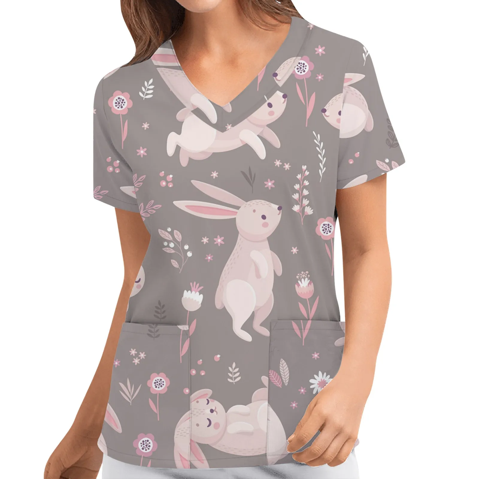 

Women Animal Print Casual Short Sleeve V-neck Carer Top Cartoon Dog Print Blouse Female Overalls Nurse