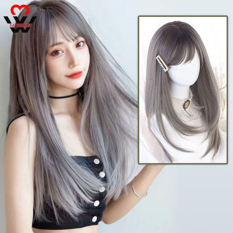 

MANWEI Women Wig Long Straight Hair Wig Gray-black natural wig High Temperature Heat Resistant Fiber Hair Wig Cosplay lolita wig