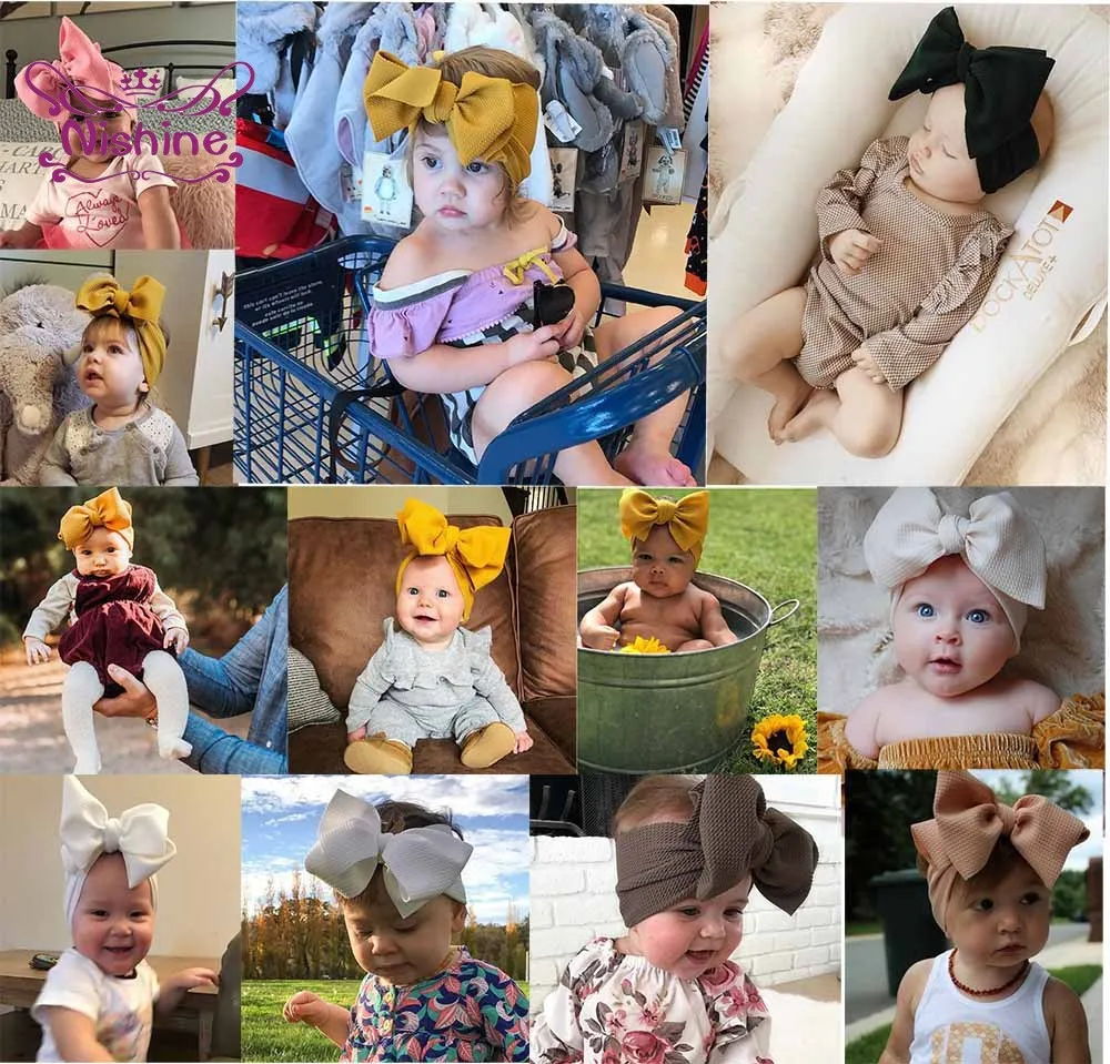

Nishine Solid Color Handmade Bowknot Infant Elastic Wide Headband Fashion Princess Hairband DIY Kid Hair Accessories Photo Props