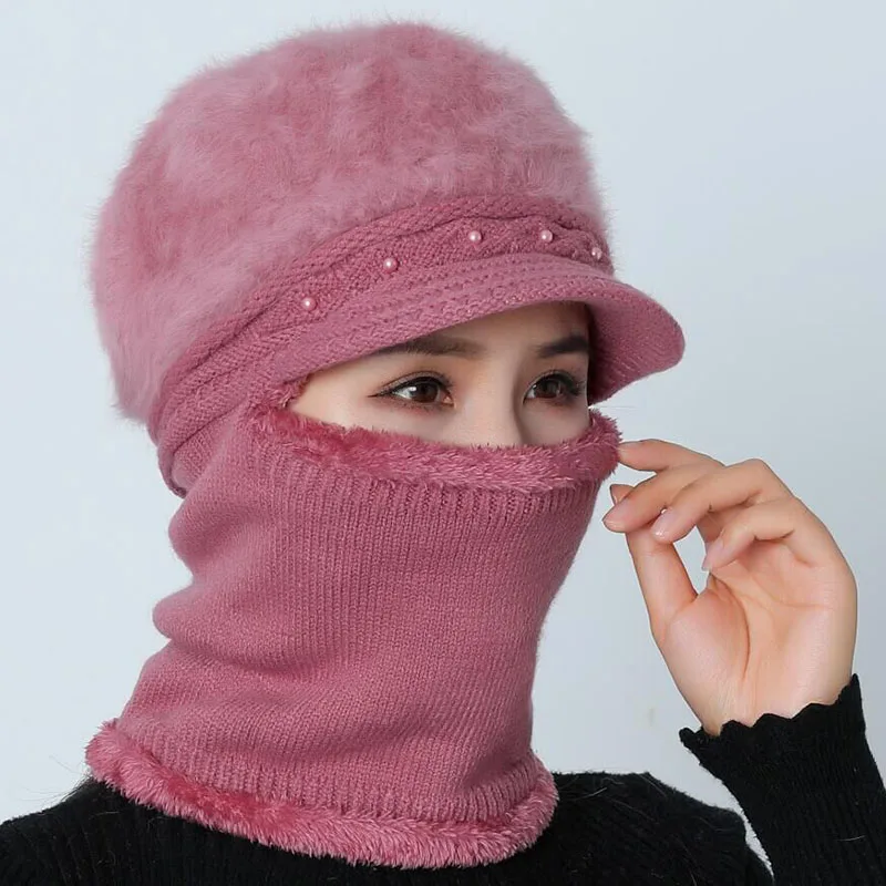 Высококачественные зимние шапки для женщин Skullies Beanie cap шляпки из шерсти набор теплая маска Gorras шапка из кроличьего меха Вязаная Шапка