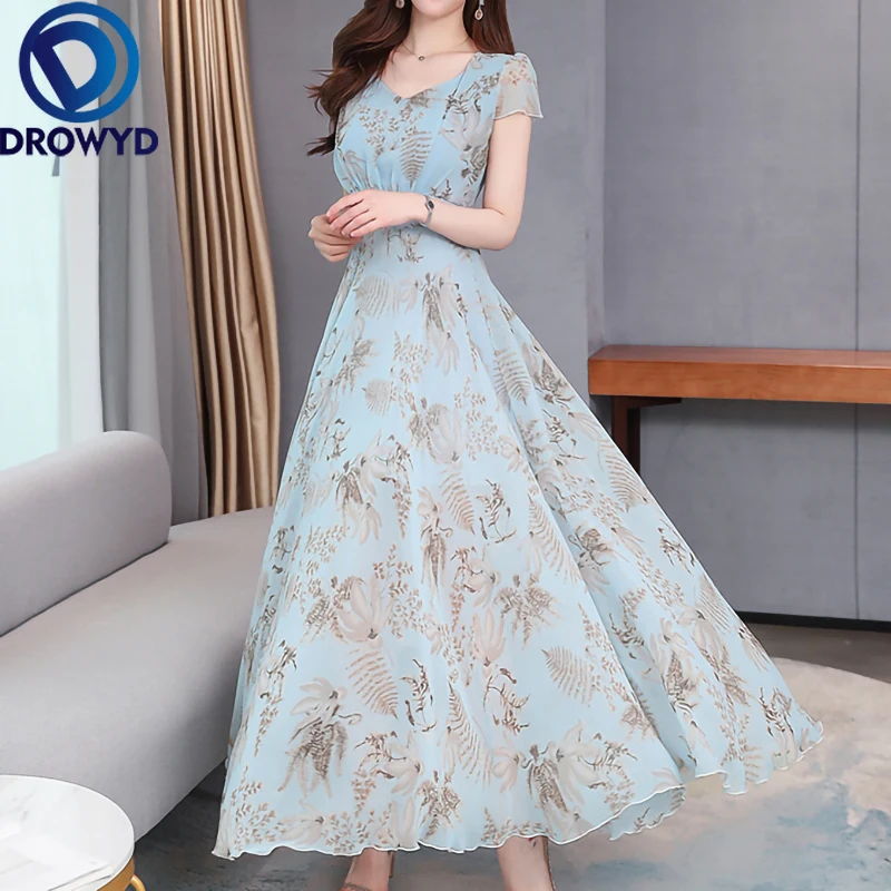 

Summer Maxi Dress Fashion Women Blue Print Sexy O-neck Thin Chiffon Mesh Floral BohoTropical Party Elegant Runway Dress Vestidos