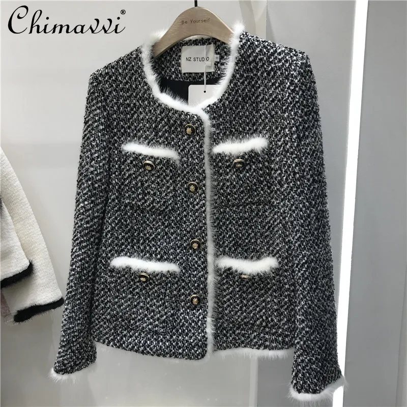 

Женское твидовое пальто, однотонная простая утепленная куртка из шерсти норки с прострочкой и изысканной пряжкой, зима 2021