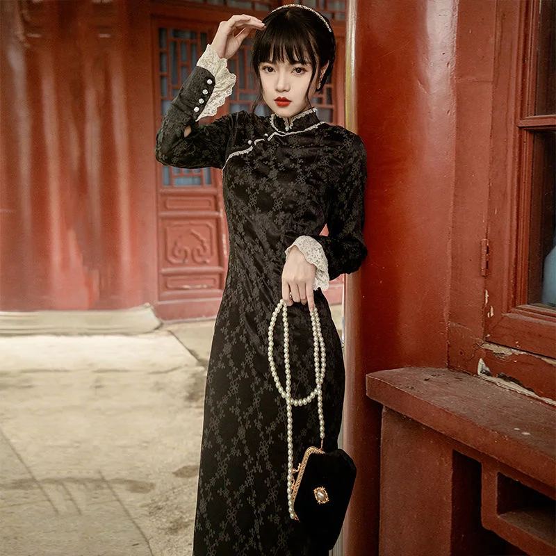 Женское осеннее платье-Ципао с длинным рукавом бело-черное платье в китайском