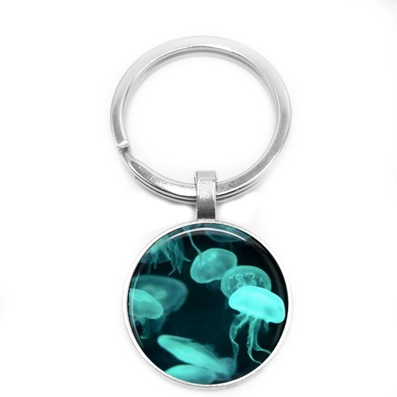 

2019/Fashion New Hot Water Hand Deep Sea Jellyfish Glass Convex Round Pendant Key Ring Men and Women Jewelry Key Chain Gift