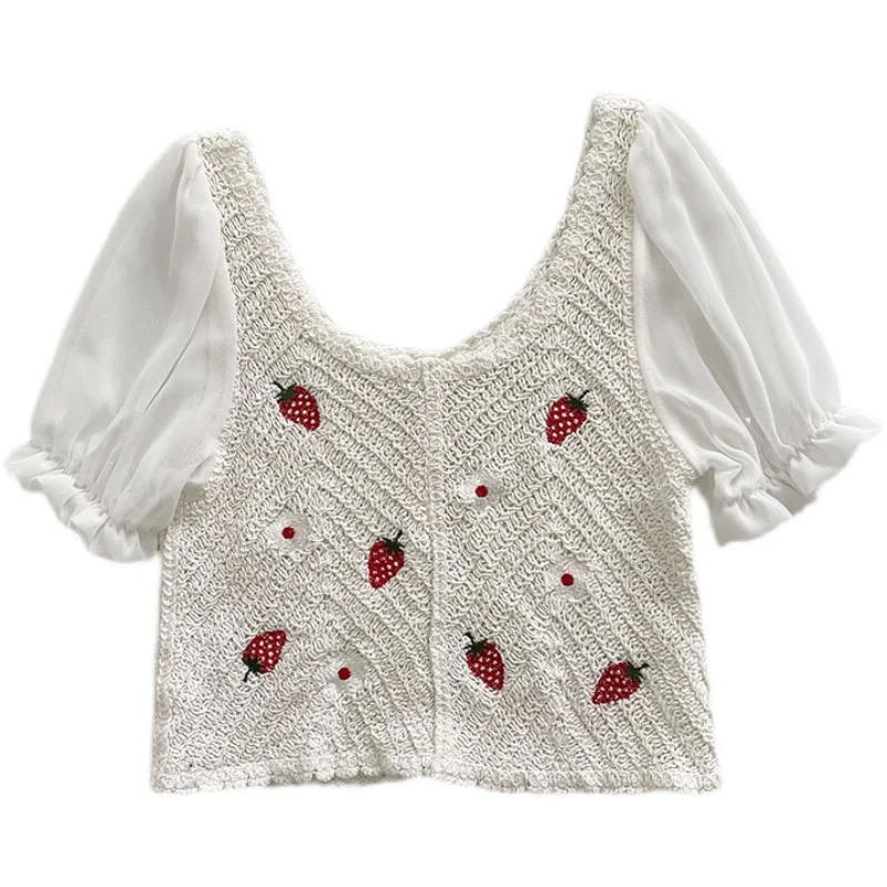 

Женская короткая рубашка с рукавами-фонариками, летняя рубашка в Корейском стиле с прострочкой крючком в виде клубники