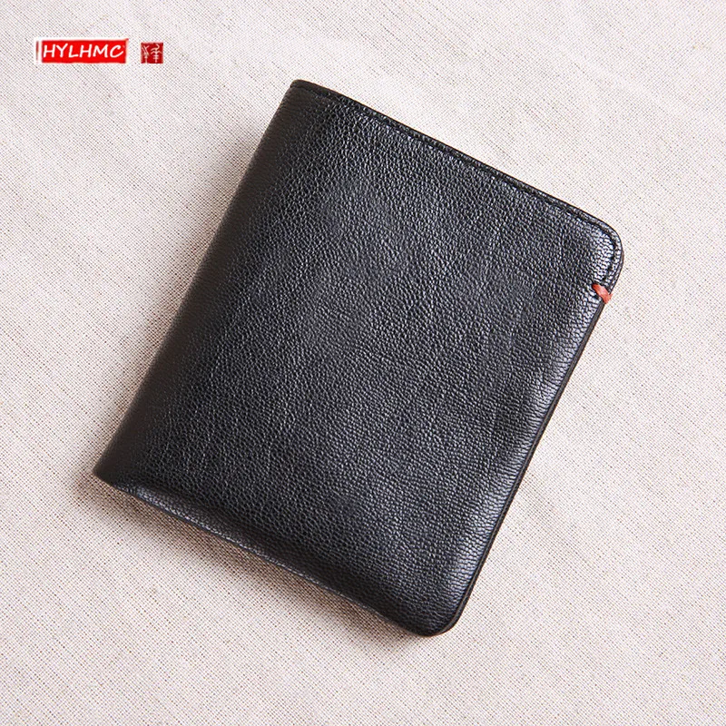 

Genuine Leather Coin Purses Men's Short Wallet Ultra-Thin Youth Cowhide Soft Black Card Holder Wallet Vertical Mini Small Purse