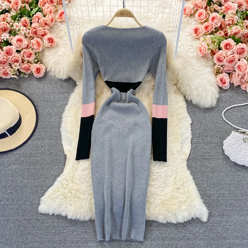 Fashion Patchwork Maxi Dresses Long Sleeve Knitted Sweater Robe Winter V Neck High Waist Elegant Slim Casual Midi Rib Vestidos | Женская