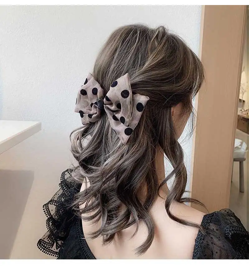

ncmama Handmade Organza Bows Elastic Hair Bands Dots Hair Bow Clips Ties Barrettes Hairpin for Women Girls Hair Rope Accessories