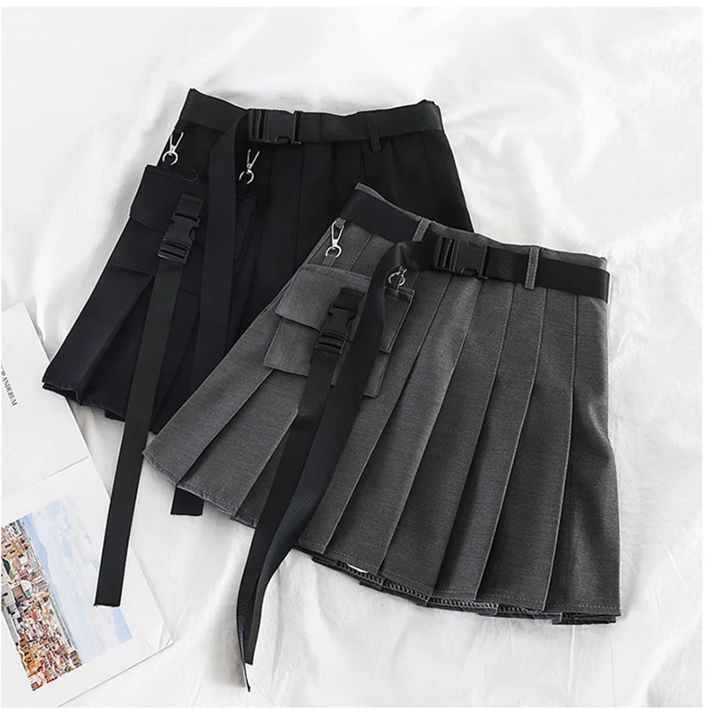 

Womens Tooling Half-length Pleated Skirt Black Short Skirt Fashion High Waist Harajuku Women Skirts