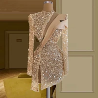 glitter short cocktail dresses sexy side high split prom wear long sleeve evening party dress ilusion women formal gowns