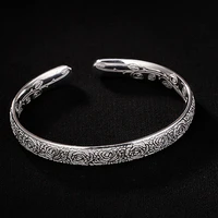 real solid 999 pure silver floral fine jewelry for women personalized double sided carved flowers bangle open bracelets