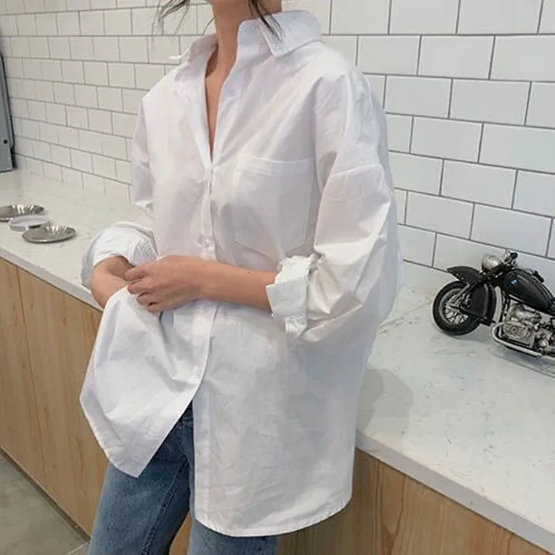

Classic White Shirts for Women Plus Size Spring Autumn Women Shirts White Plain Loose Oversized Blouses Vintage Shirts Blusas