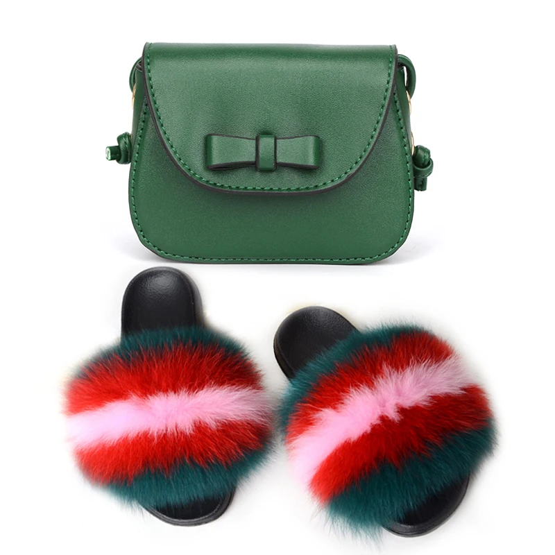 

Children's Colorful Fox Fur Slippers Girl's Fluffy Sandals Kids Furry Slides Fashion Shoes Cute Flip Flops PU Shoulder Bags Sets