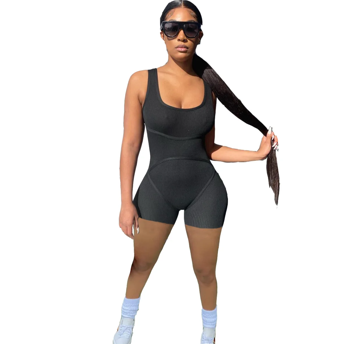 

2021 Summer All Black Bodycon Playsuit Camisole Sling Sports Jumpsuit Body Short Sleeve Women Sexy Bodysuits Fitness Wholesale