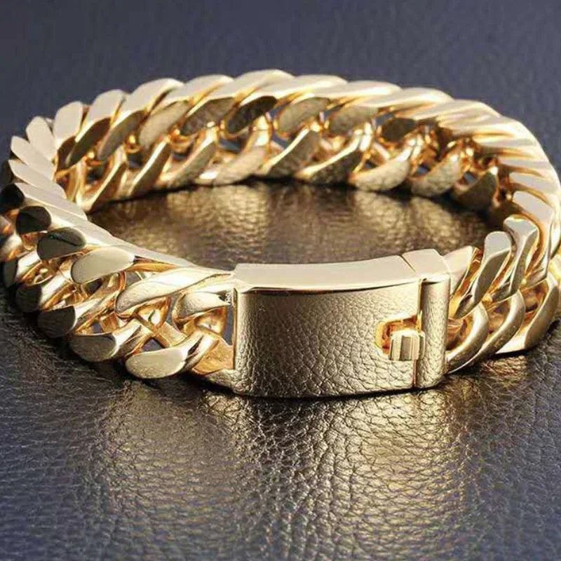 

Gold Bracelet Domineering Cuban Link Chain Men's Aluminum Zipper Alloy Double Buckle Hip Hop Style Bracelet