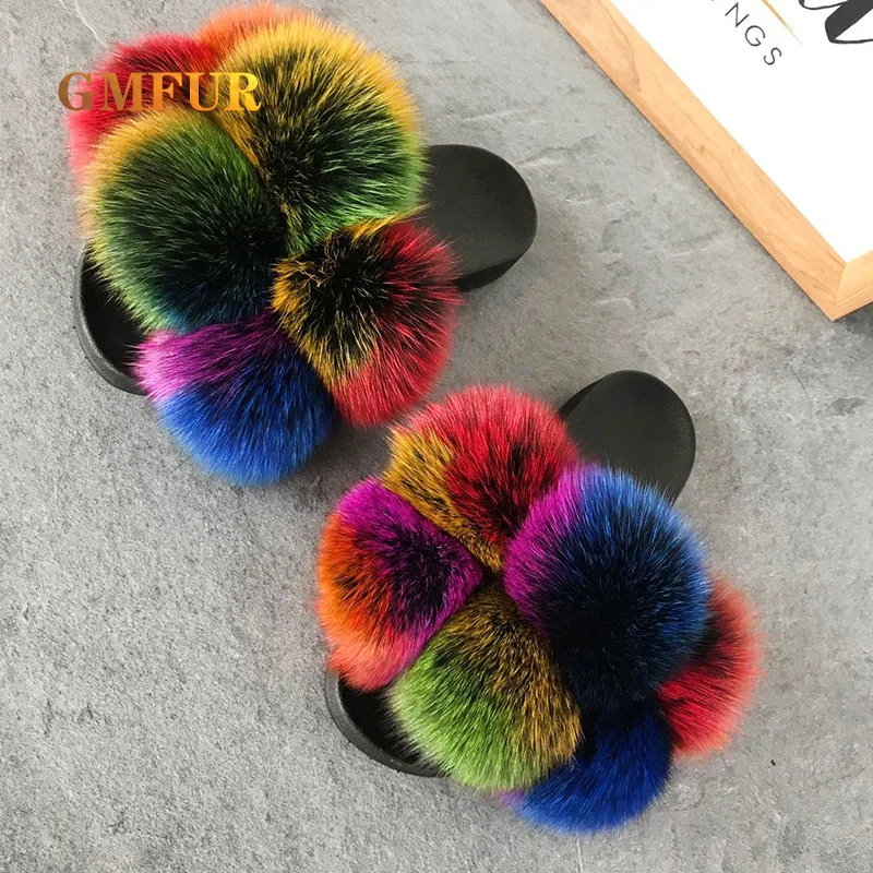 

Real Fox Fur Slippers Ladies Fur Ball Sneakers Women Summer House Home Slides Fashion Flat Color Indoor Outdoor Sandals Women
