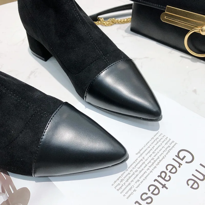 Ботильоны женские черные и персиковые замша кожа в стиле пэчворк модные зимние