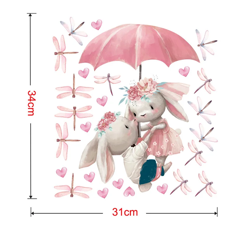 

Watercolor Couple Bunny Flying with Umbrella Wall Stickers for Kids Room Baby Nursery Room Decoration Wall Decal Pink Girl Decor