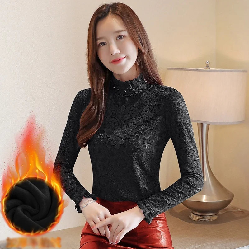 Women Blouse Shirt Plus Velvet Thick Lace Shirt Female Long Sleeve Slim Chiffon Blouse Fashion Women Blouses 2019