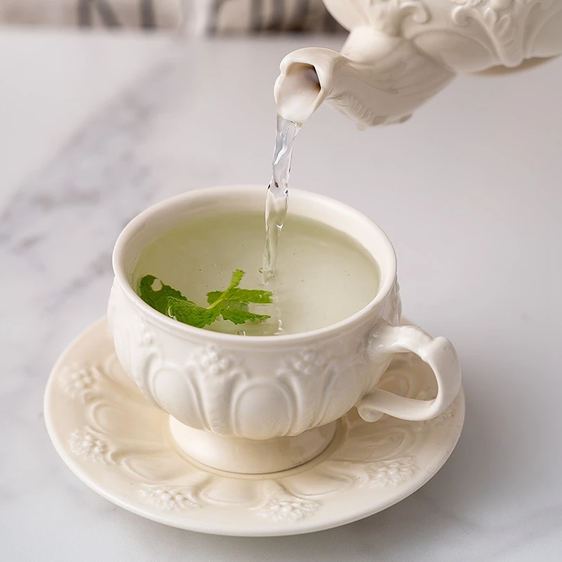

English Relief Retro Cream Coffee Cup Simple Afternoon Tea Set Creative Athens Ceramic Kettle Set