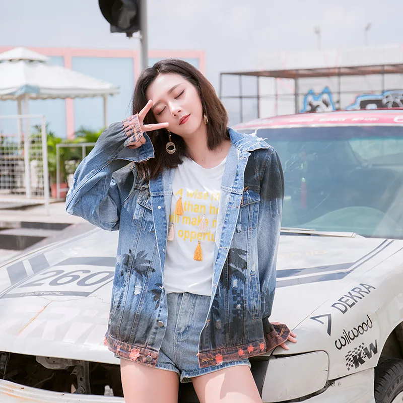 Women spring and autumn Coconut Denim Jacket Destroyed Hole Printed Denim Jacket Gradient Washed Jacket Y825