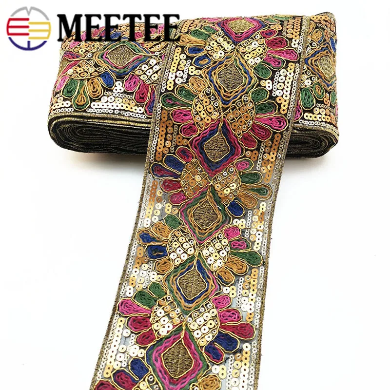 

2/5meters 103mm Sequins Embroideried Lace Trims Ribbon Ethnic Webbing Tapes for Clothes Bag Shoes Decor DIY Sewing Accessories