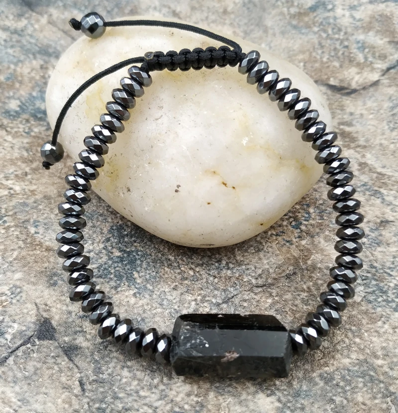 Браслет из натурального черного турмалина черный гематит бусины Рондель