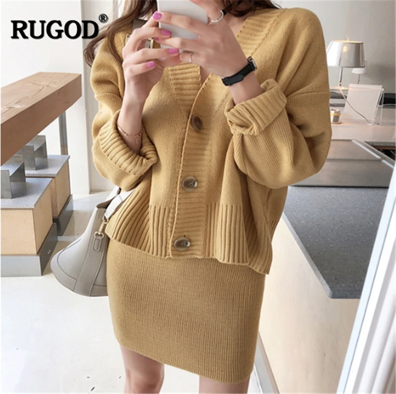 Женский вязаный костюм RUGOD Однотонный свитер с длинным рукавом и v-образным