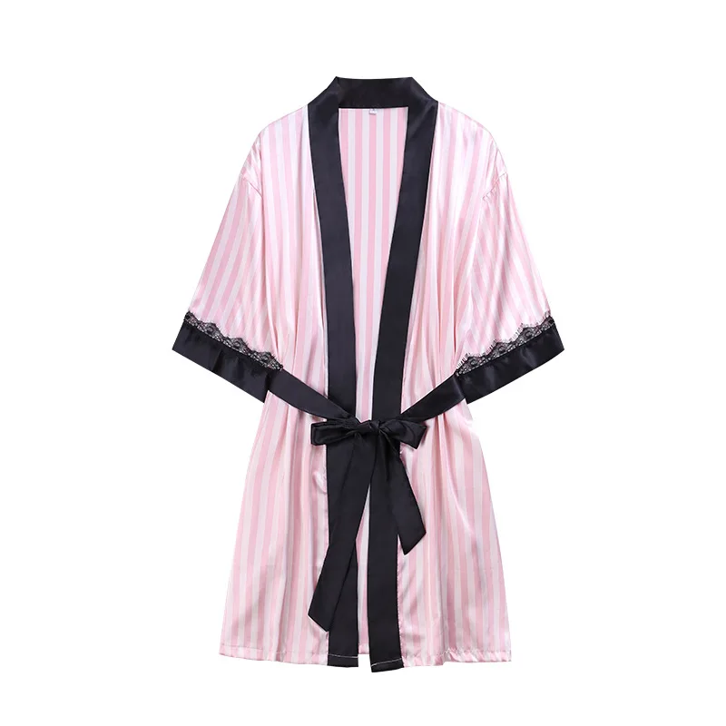 

Nightdress Women Spring And Summer New Thin Silk Sexy Nightgown Striped Bathrobe New Year Morning Robe Pijama Nia Verano