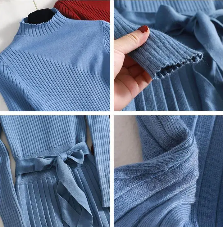 

winter 2020 maxi autumn women sleeve OL female long sweater with belt elegant a-line solid slim dress