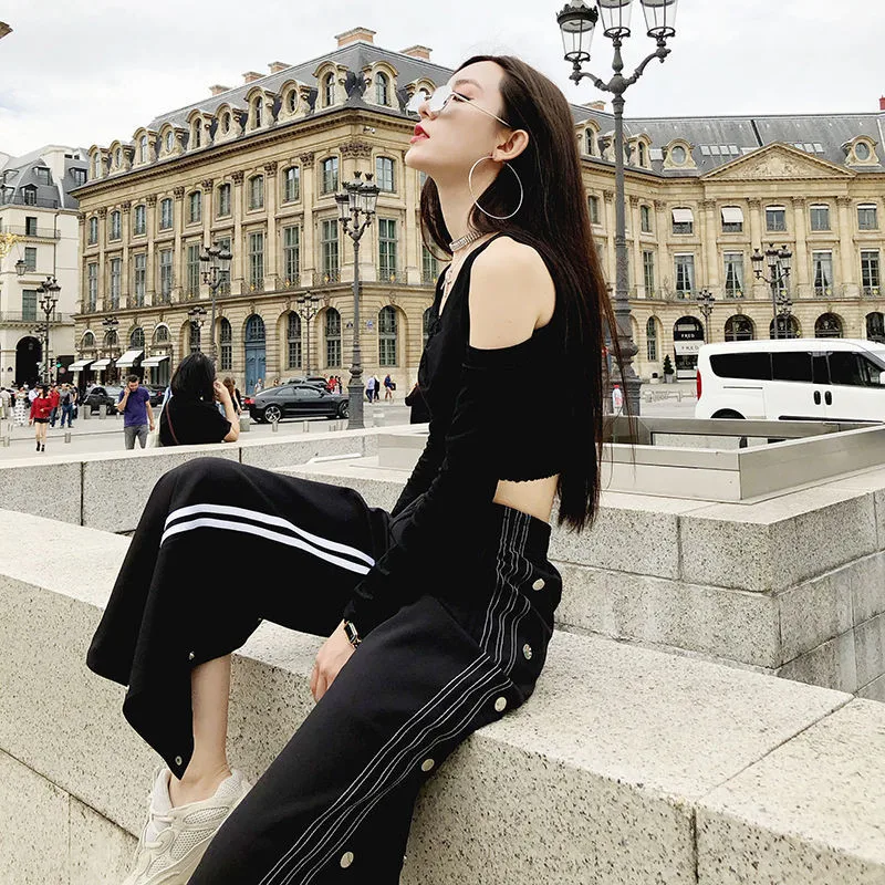 

New Women Jogger Sweatpants Black Side Open High Waist Casual Loose Trousers Female Student Hip Hop Streetwear Street Dance