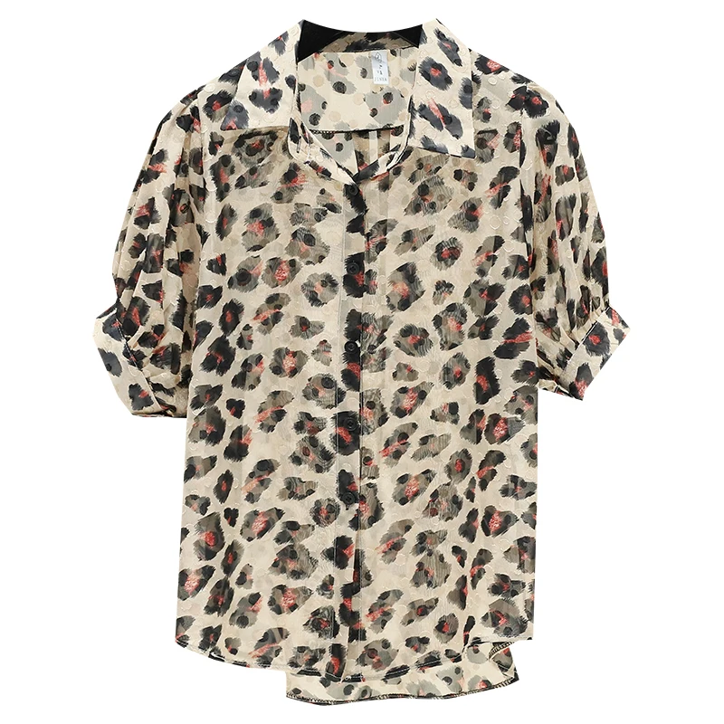 

Leopard print medium sleeve shirt for women's 2021 summer new Korean version loose Chiffon Top Fashion small shirt trend