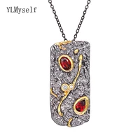 hip hop rock rectangle pendant red cubic zirconia necklace women cool jewelry suspension pendants for holiday accessories