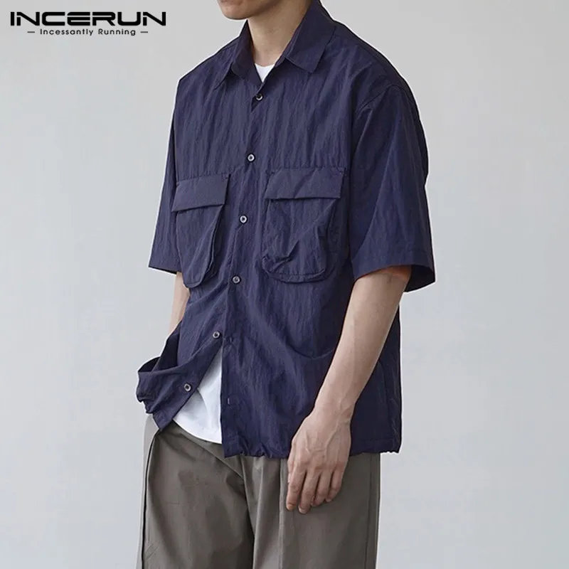 

Korean Style Man Multi Pockets Chemise Masculina INCERUN Men Solid Color Button Shirts Short Sleeve Turn Down Collar Blouse 5XL