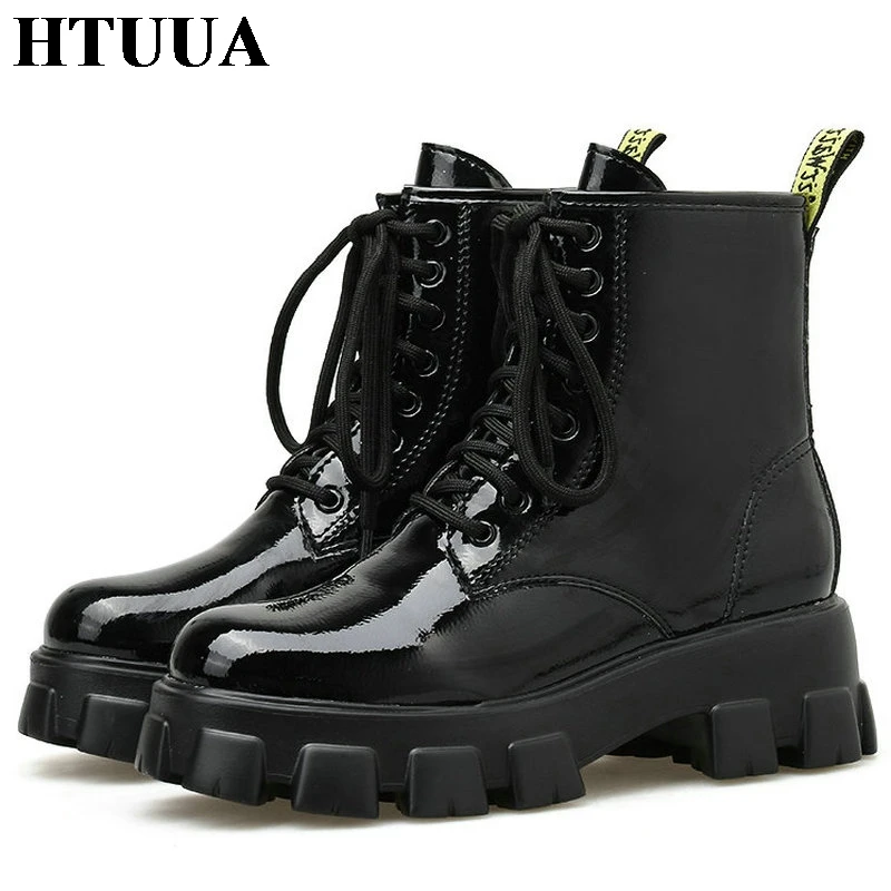 HTUUA/черные ботинки из лакированной кожи на платформе женские повседневные