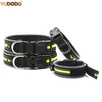 hanging hole adjustable black and green night safety light emitting outdoor reflective nylon pet dog collar with id tag