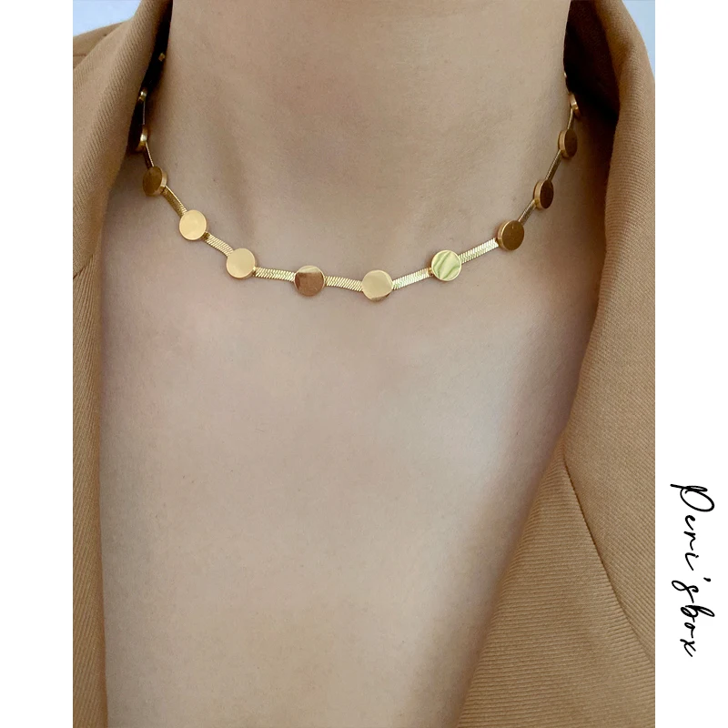 

Peri'sBox Gold Color Disc Pendant Flat Herringbone Chain Chokers Necklace For Women Titanium Steel Round Necklaces