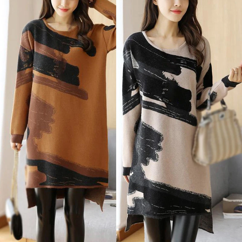 Повседневные свободные прямого кроя женское платье с круглым вырезом и принтом