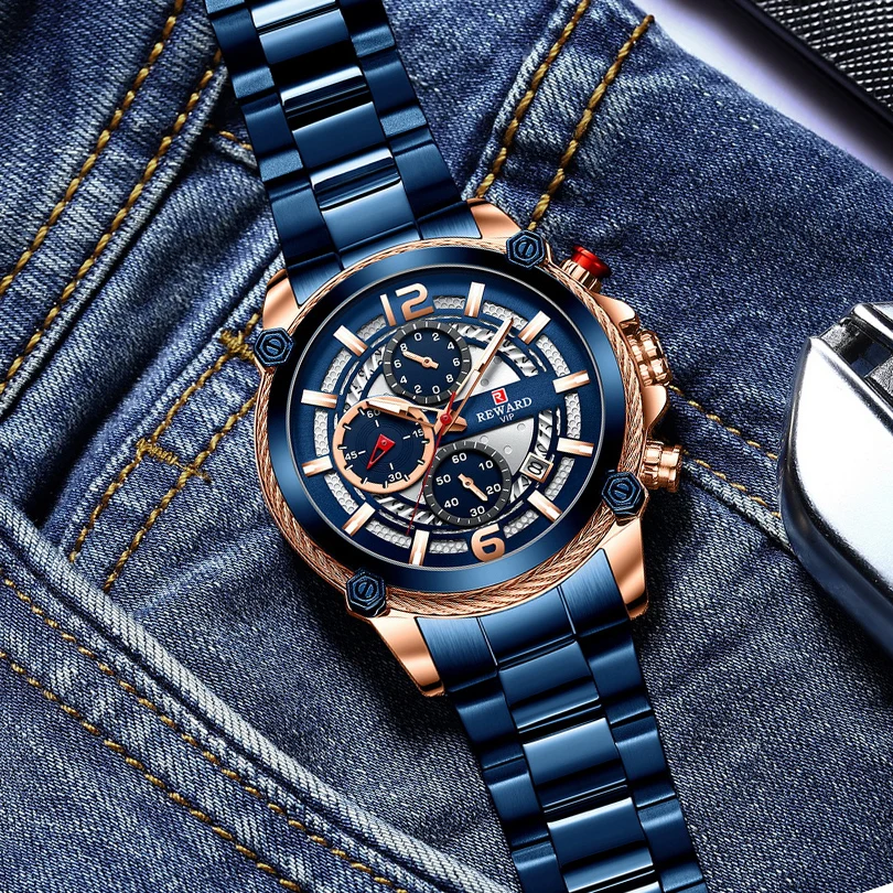 

REWARD Men's Watch Blue Dial Stainless Steel Band Date Mens Business Male Watches Waterproof Luxuries Men Wrist Watches for Men