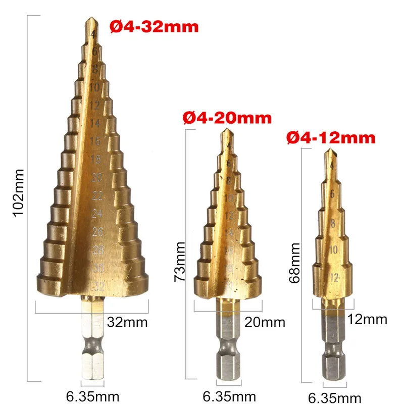

3Pcs 1/4 Inch Hex Shank HSS Titanium Coated Step Drill Bit Set 4-12/4-20/4-32mm in Pouch