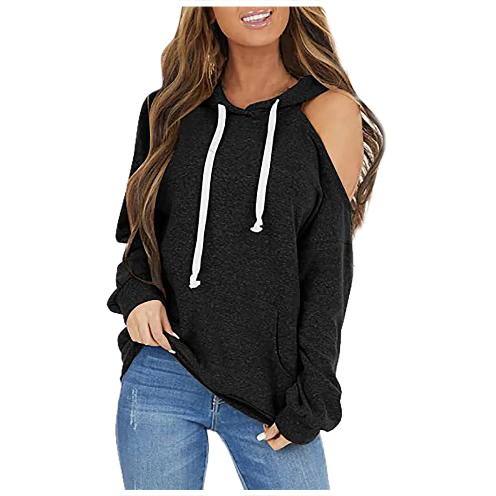 

Свитшот женский однотонный с длинным рукавом и открытыми плечами