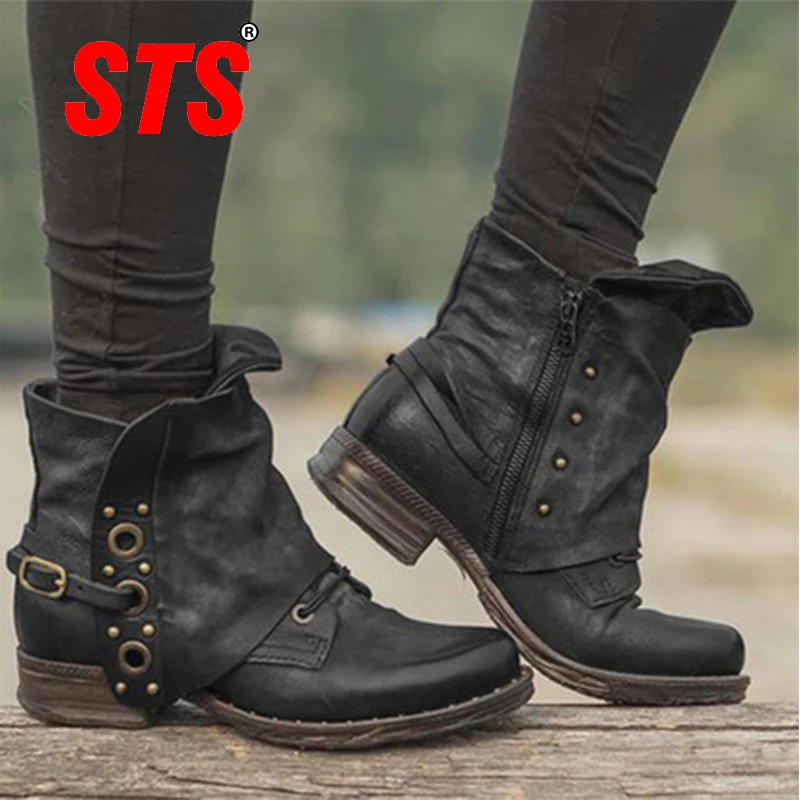 

STS Women's Casual Martin Boots Flats Bottom Zipper Leather Vintage Style Short Boot Comfortable Soft Outdoor Footwear Plus Size