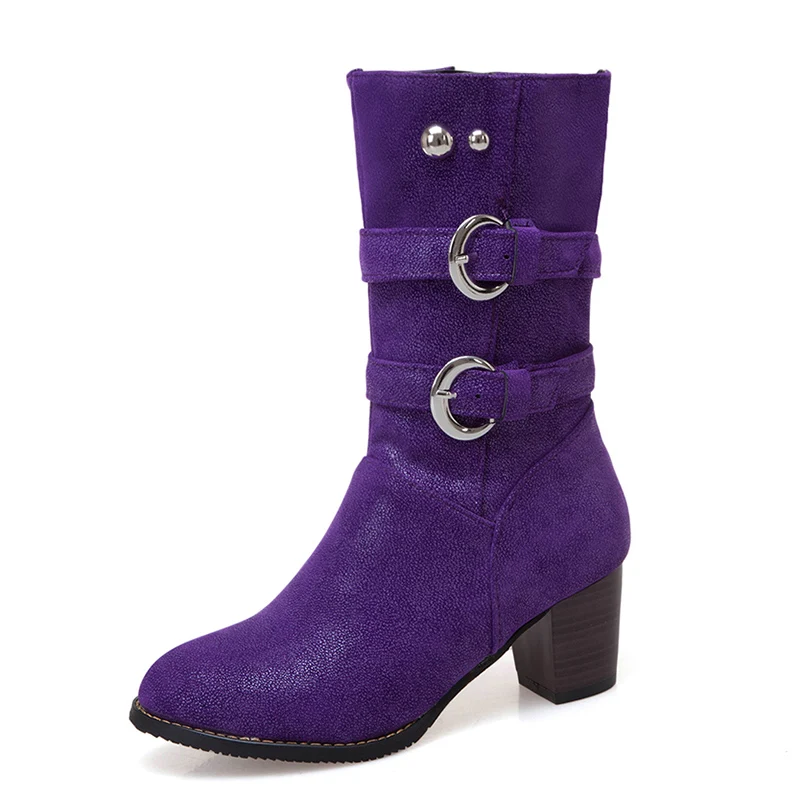 Rimocy Purple Warm Short Plush Mid Calf Boots Women Vintage Buckle Chunky Heels Pu Botas Mujer Plus Size Slip-on Shoes Woman - Цвет: Фиолетовый