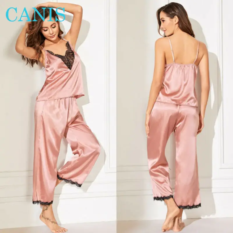 Sexy Women Satin Silk Sleepwear Lace V Neck Top + Long Pants Pyjamas Nightgown Two-piece V-neck pajamas |