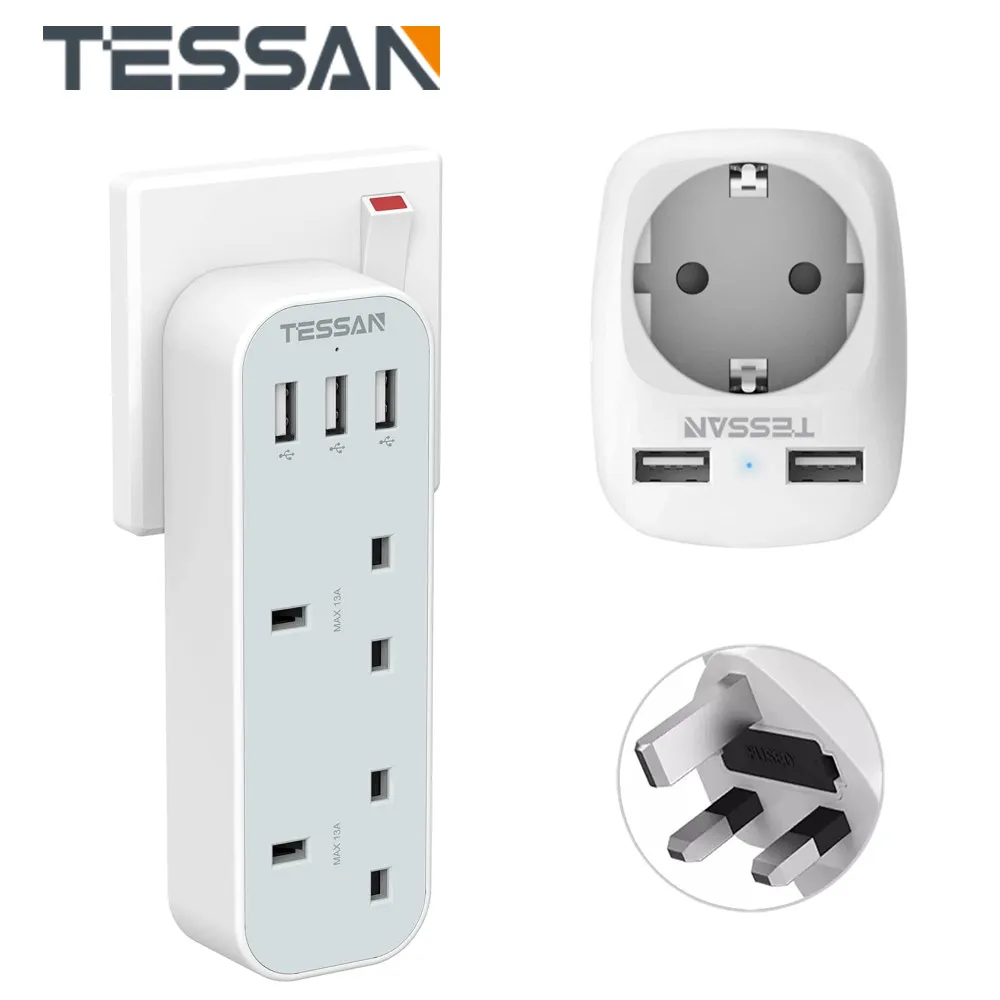 

TESSAN Multi Sockets UK Power Strip with 2 Way Outlets 3 USB Ports Wall Charger Sockets Adapter Power Extender for Home Office