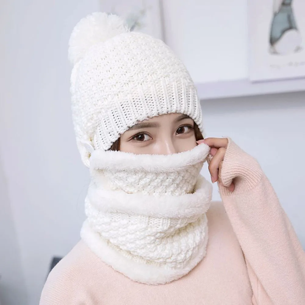 White Женская шапка Зимняя вязанная шапка Толстая теплая плюс бархатная вязаная громоздкая Шапки с маской однотонная белая шапка бини уличные наборы для езды на велосипеде - Цвет: White